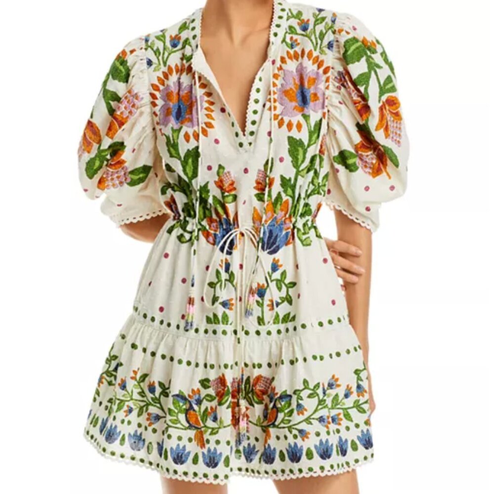 FARM Rio White Floral Mini Dress with Multicolor Embroidery - Picture 2 of 16